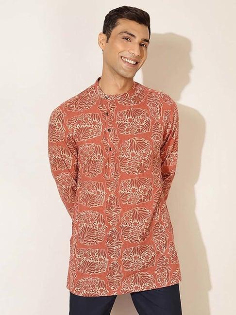 fabbasics by fabindia rust orange cotton regular fit printed short kurta