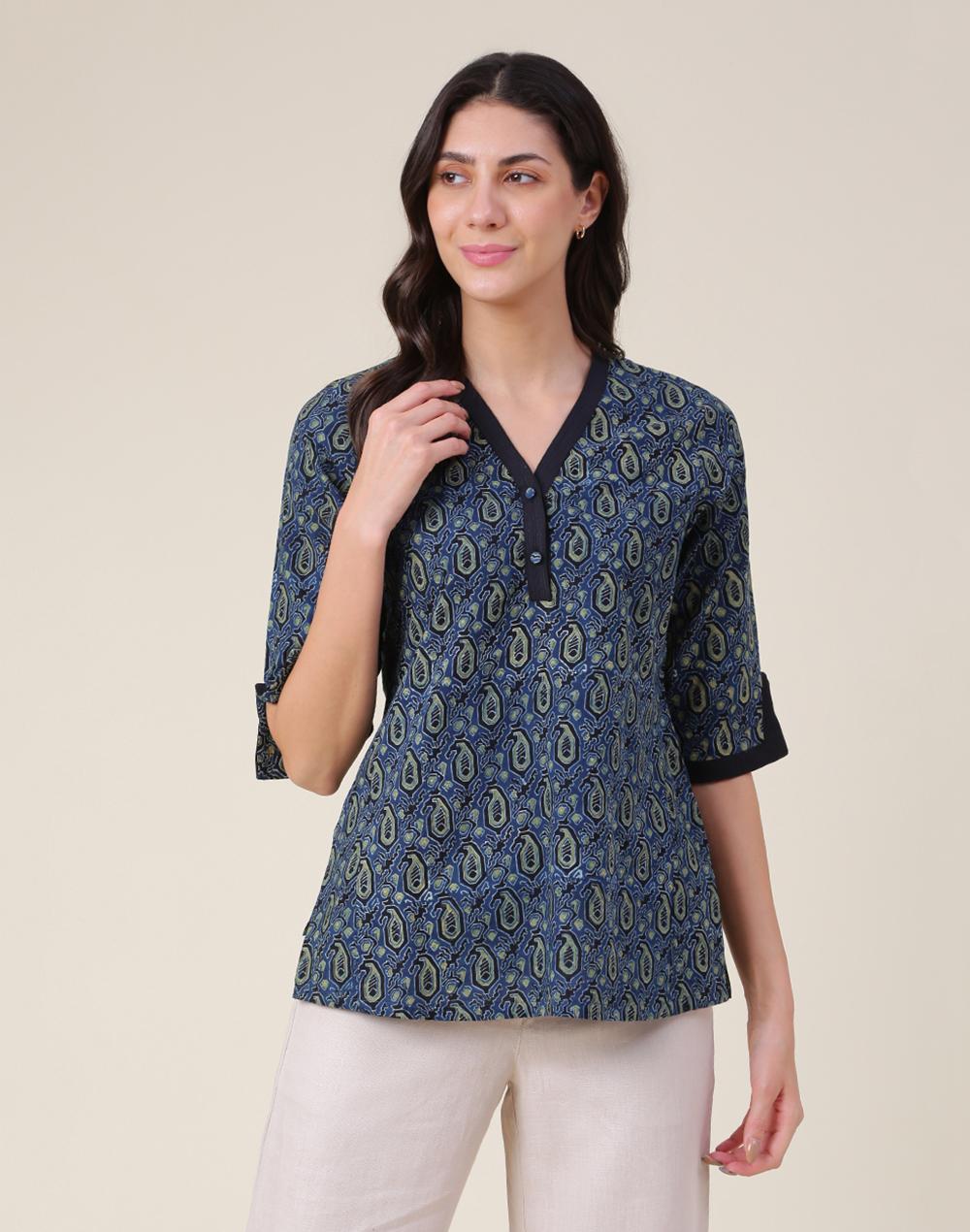 fabbasics indigo cotton printed short kurta