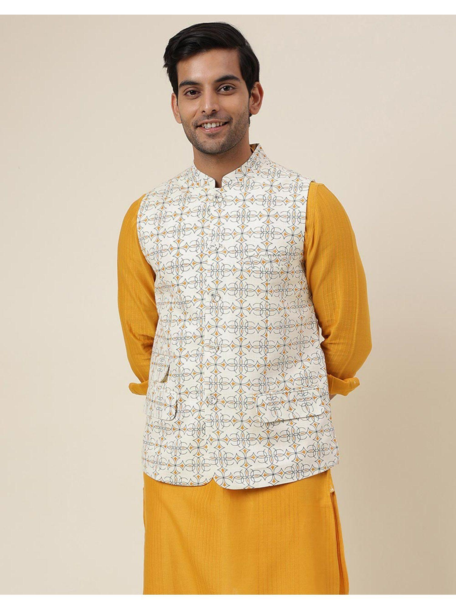 fabbasics natural cotton printed slim fit nehru jacket