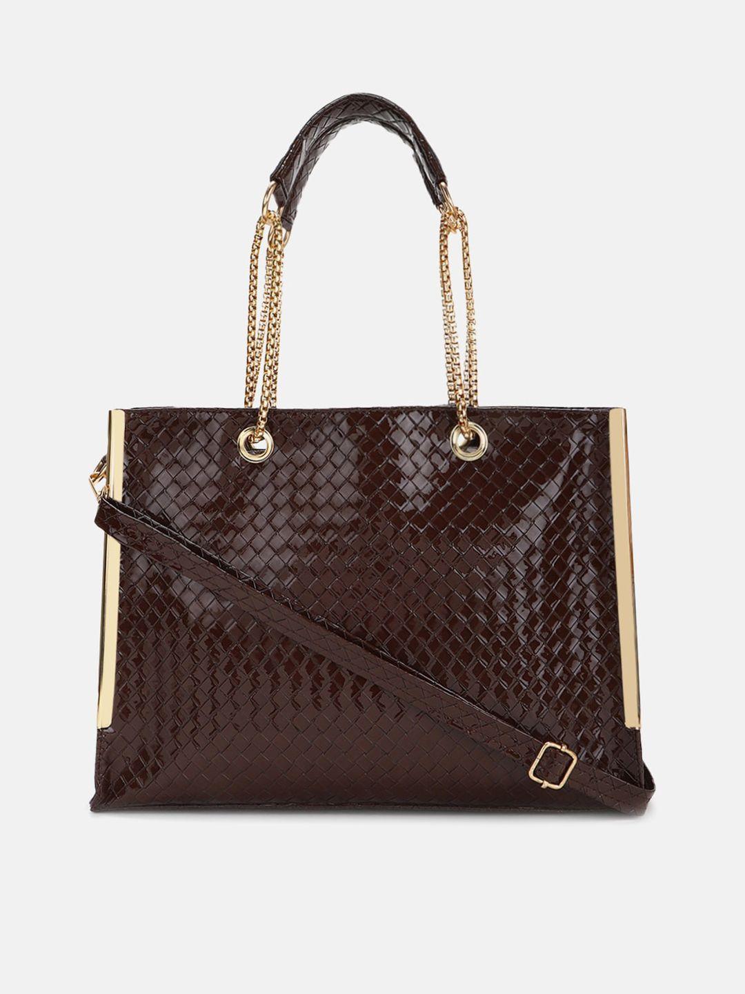fabbhue coffee brown textured pu structured shoulder bag with quilted