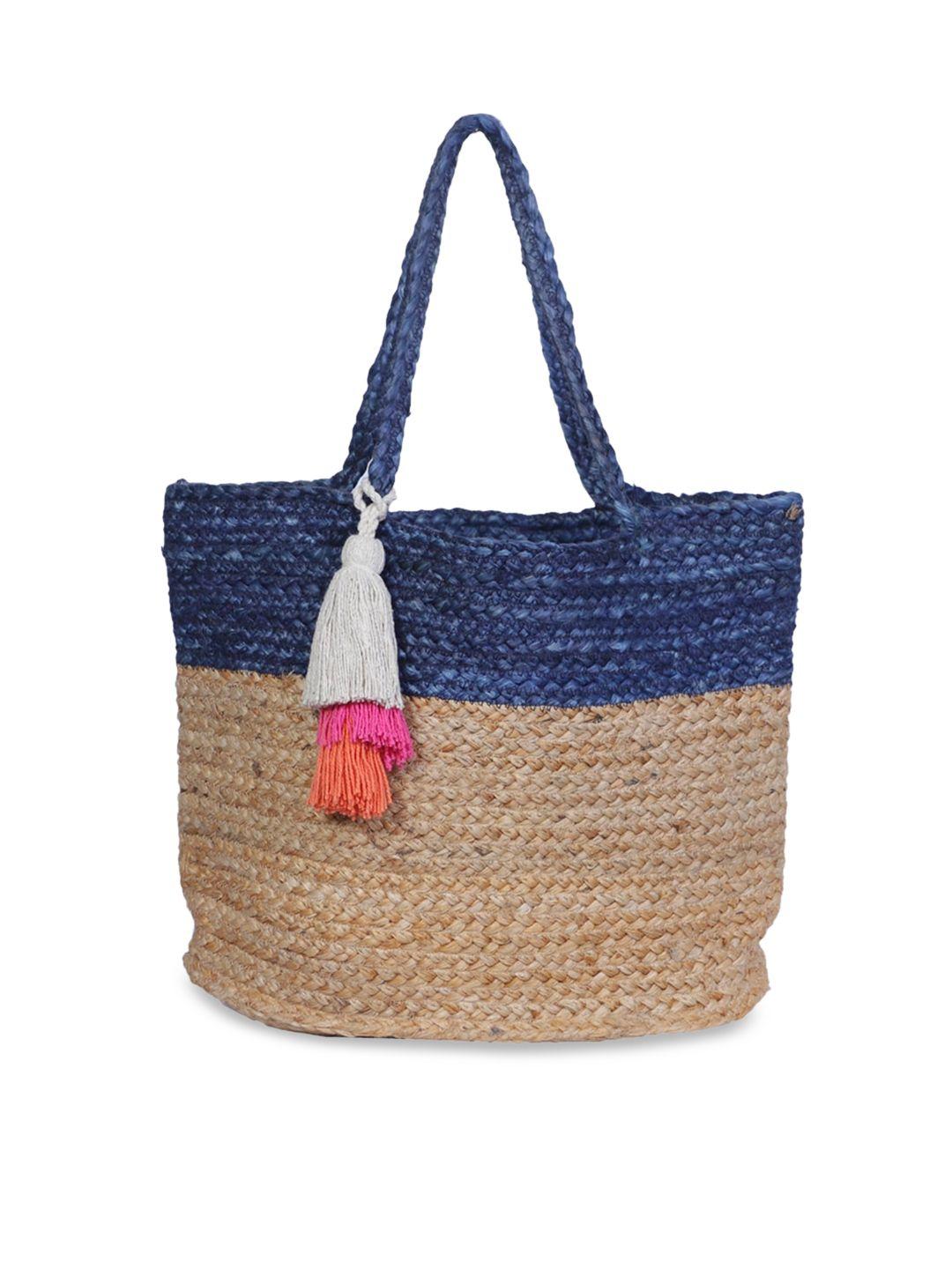 fabbhue beige & blue colourblocked structured jute tote bag