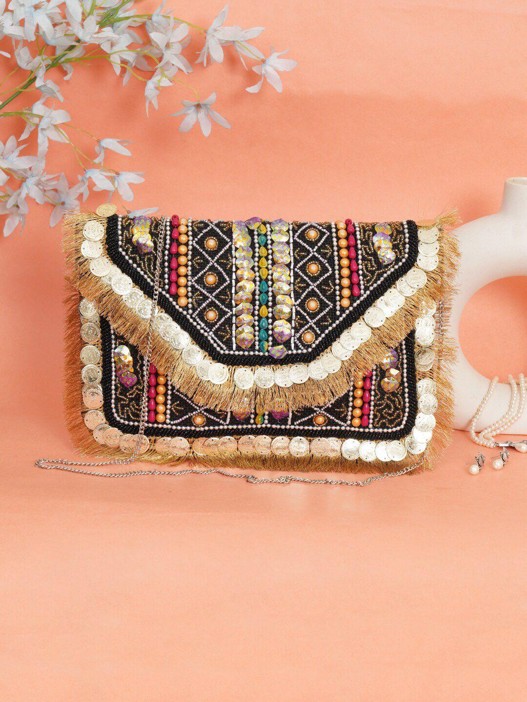 fabbhue black & brown embroidered foldover clutch