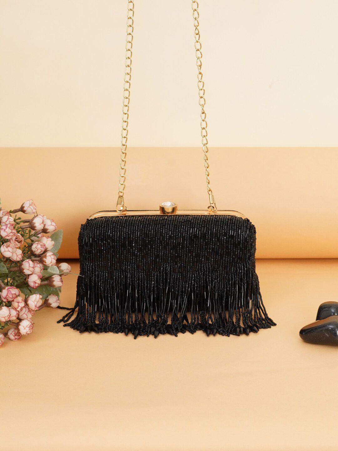 fabbhue black & gold-toned embellished tasselled box clutch