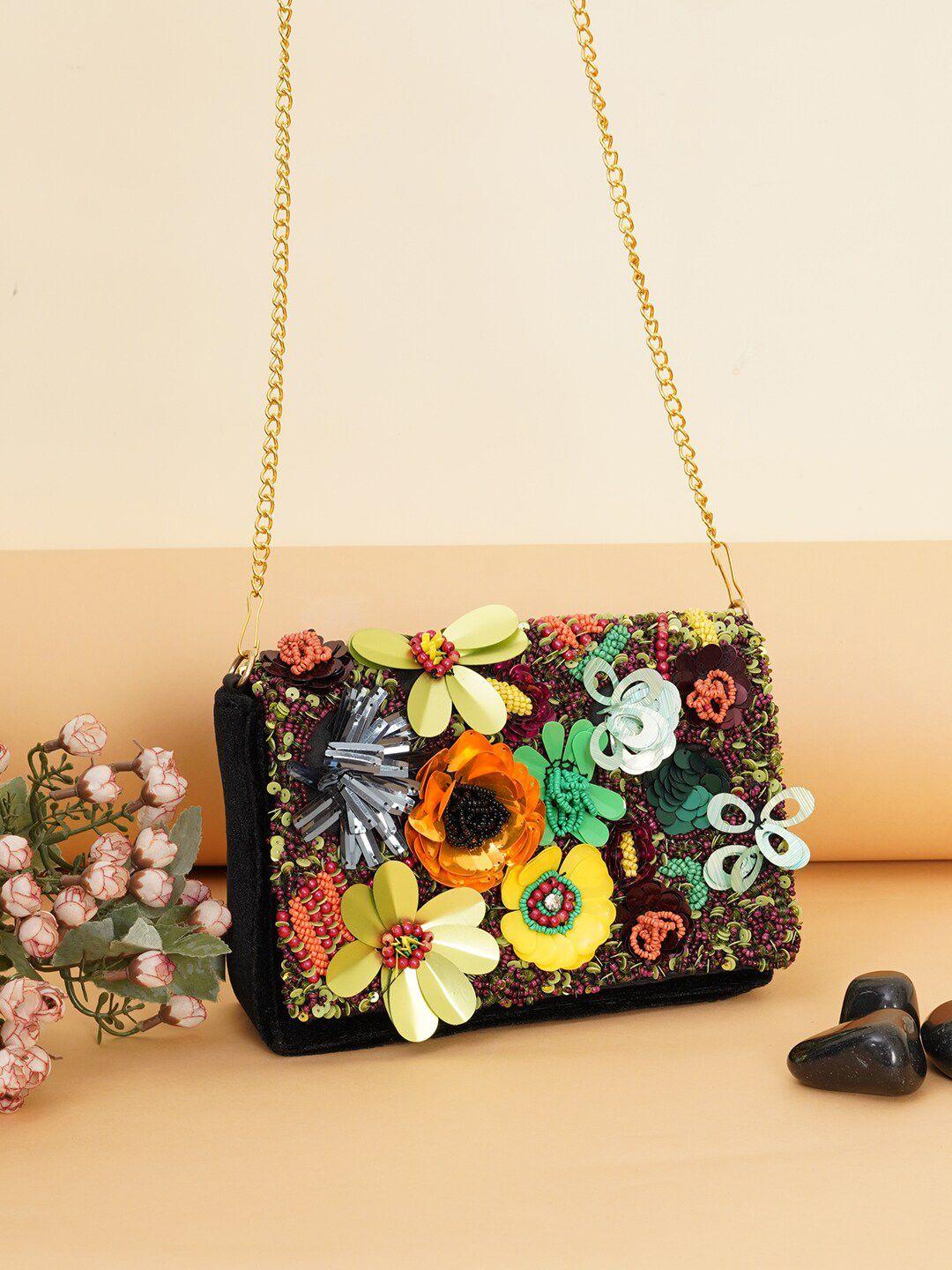 fabbhue black & yellow embellished box clutch