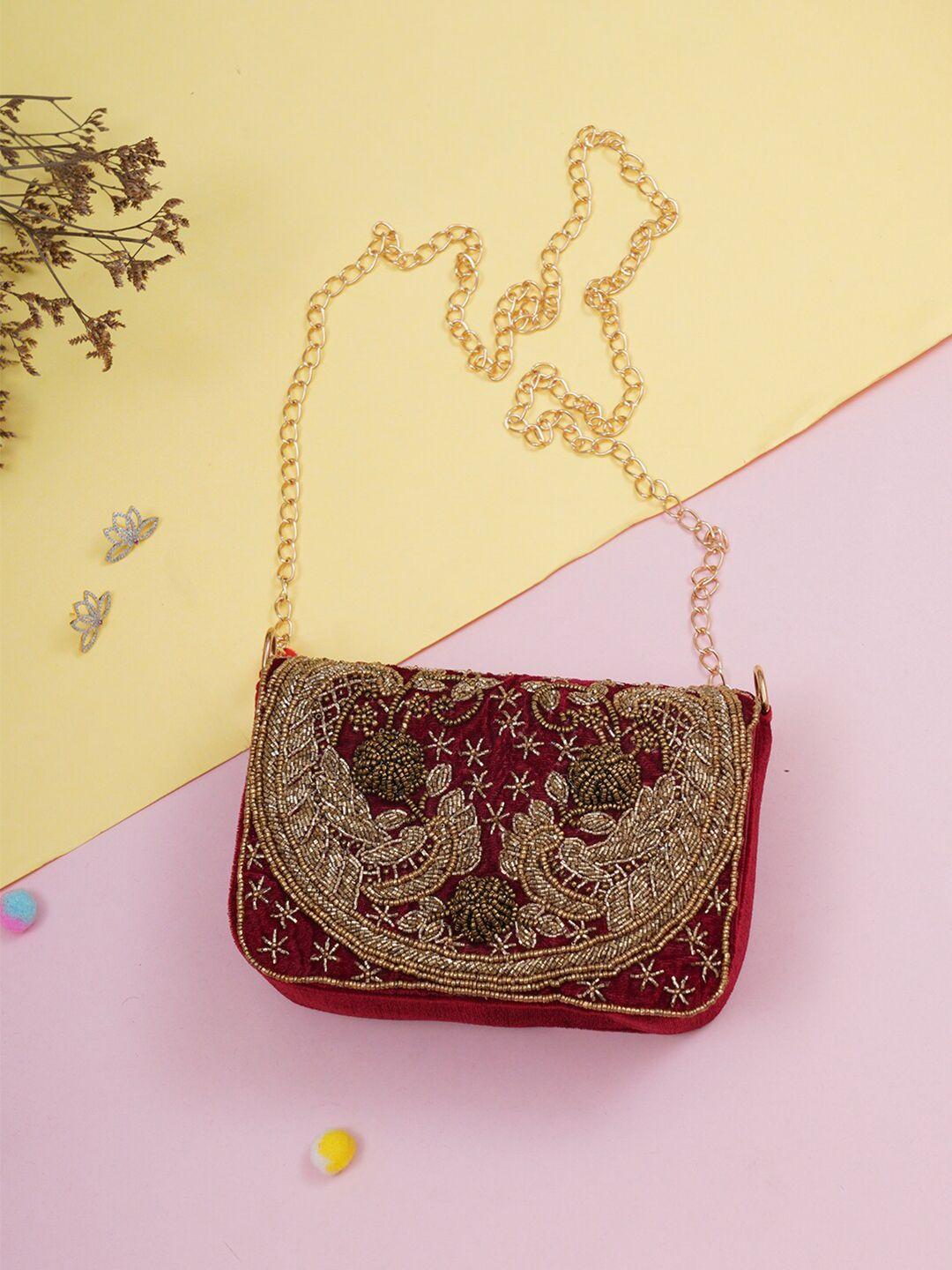 fabbhue maroon & gold-toned embroidered buckle detail purse clutch