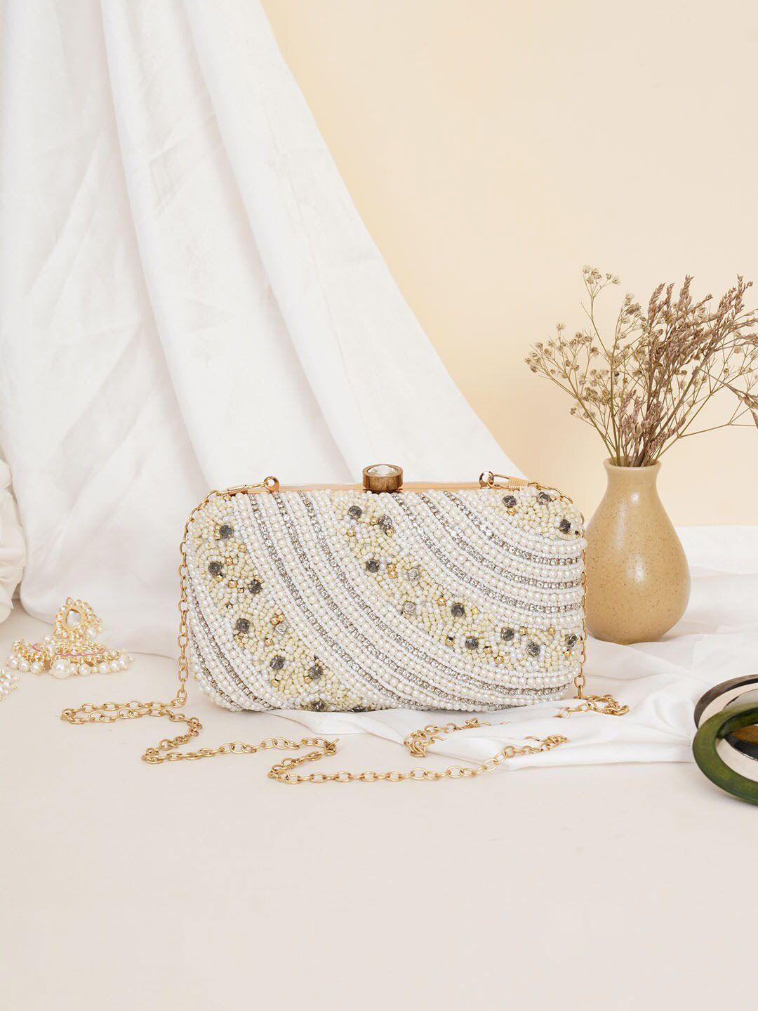 fabbhue women white & gold-toned embellished box clutch