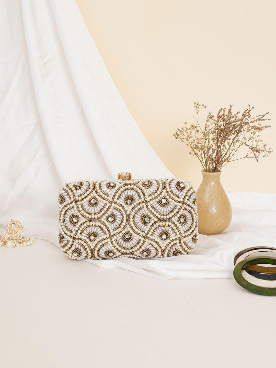 fabbhue women white & gold-toned embroidered box clutch
