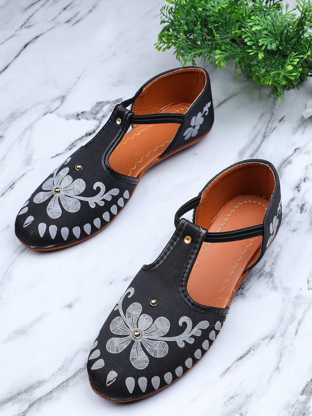 fabbmate women black printed ballerinas with embroidered flats