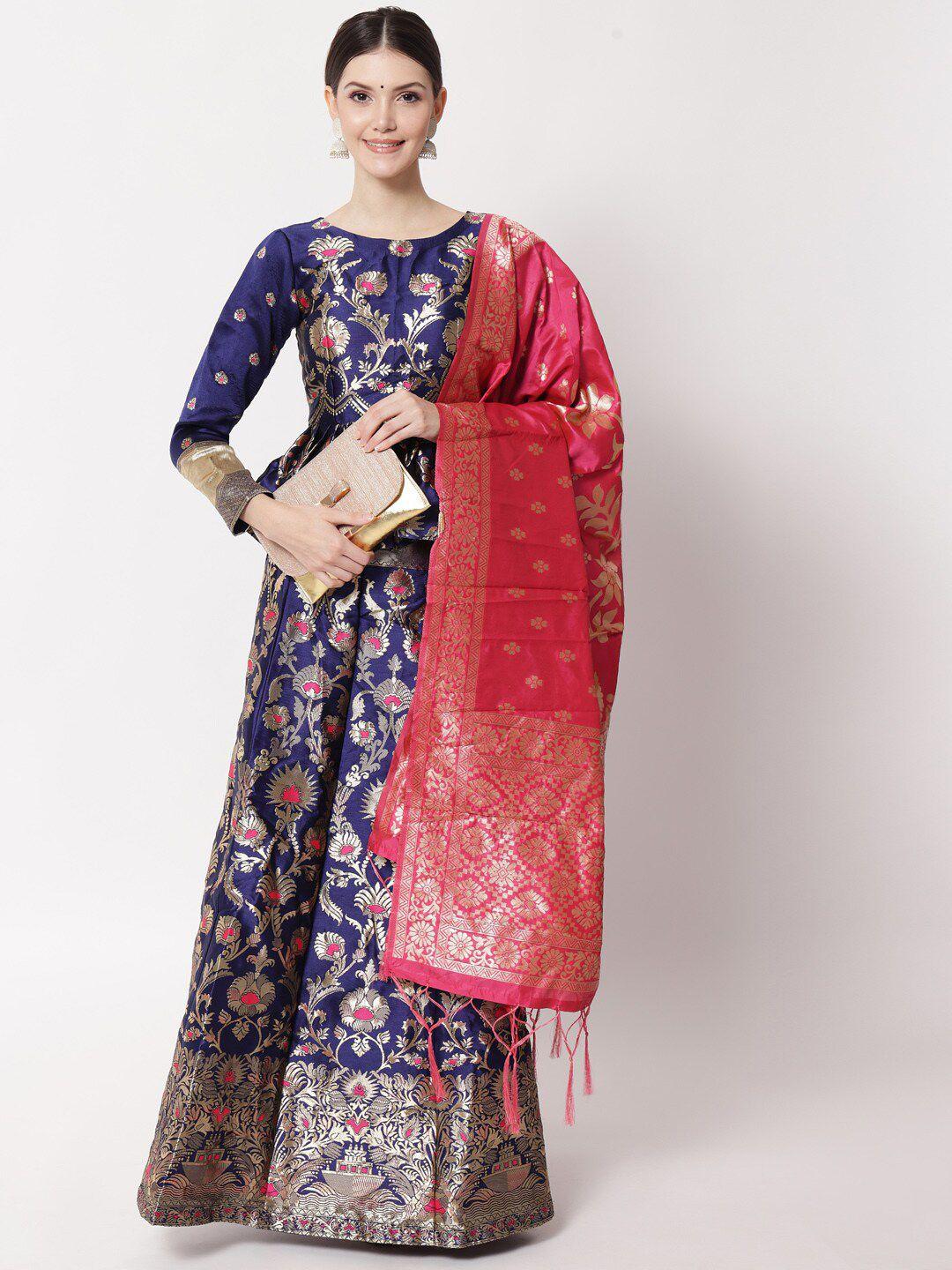 fabcartz blue & pink semi-stitched lehenga & unstitched blouse with dupatta