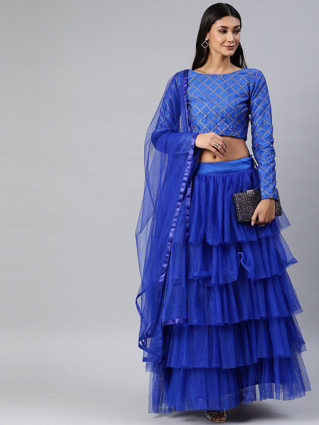 fabcartz blue embellished semi-stitched lehenga & unstitched blouse with dupatta