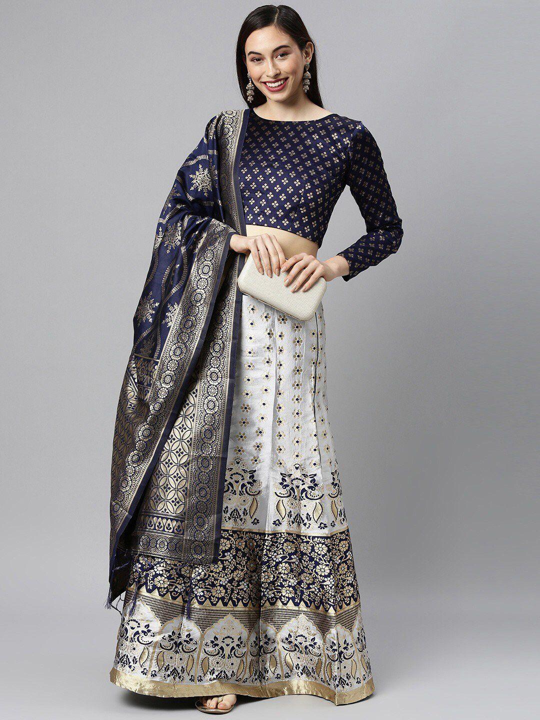 fabcartz white & blue semi-stitched lehenga & unstitched blouse with dupatta