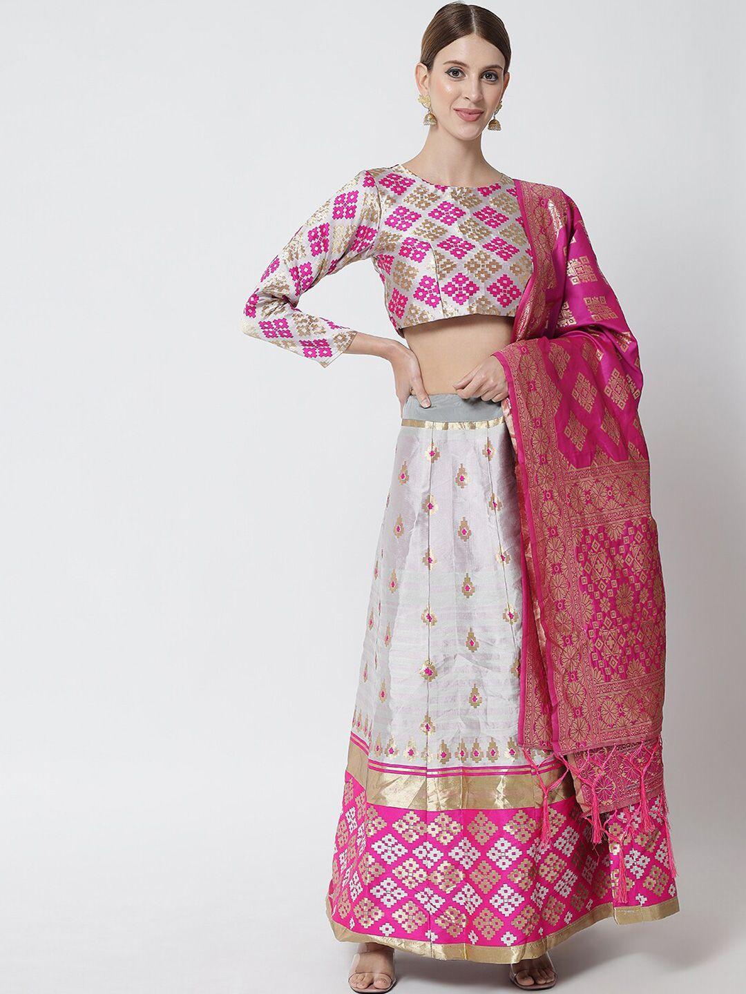 fabcartz white & pink semi-stitched lehenga & unstitched blouse with dupatta
