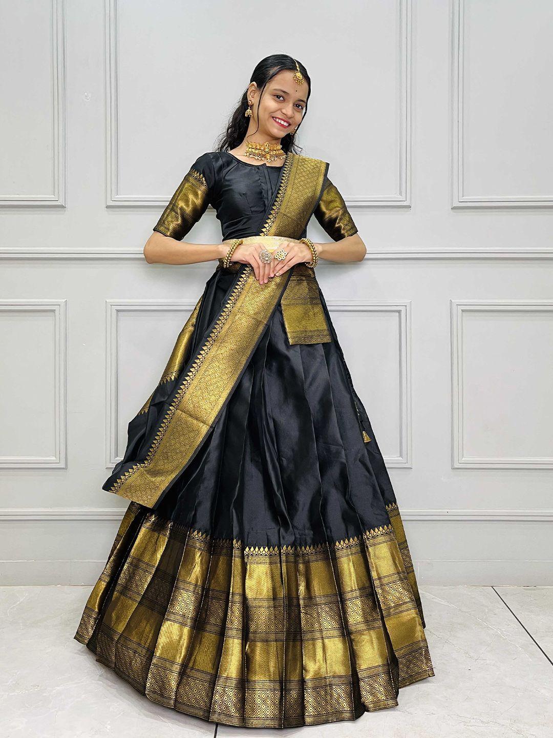 fabcartz black semi-stitched lehenga & unstitched blouse with dupatta