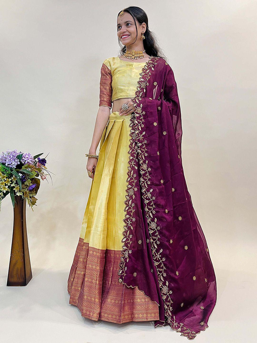 fabcartz cream-coloured & burgundy mirror work semi-stitched lehenga & unstitched blouse with dupatta