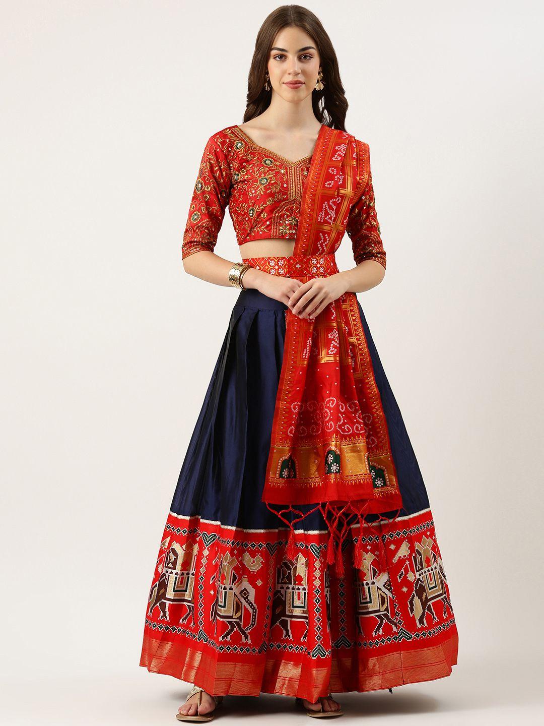 fabcartz embroidered sequinned semi-stitched lehenga & unstitched blouse with dupatta