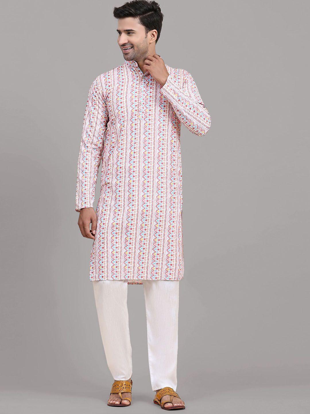 fabcartz ethnic motifs printed band collar straight kurta with pyjamas