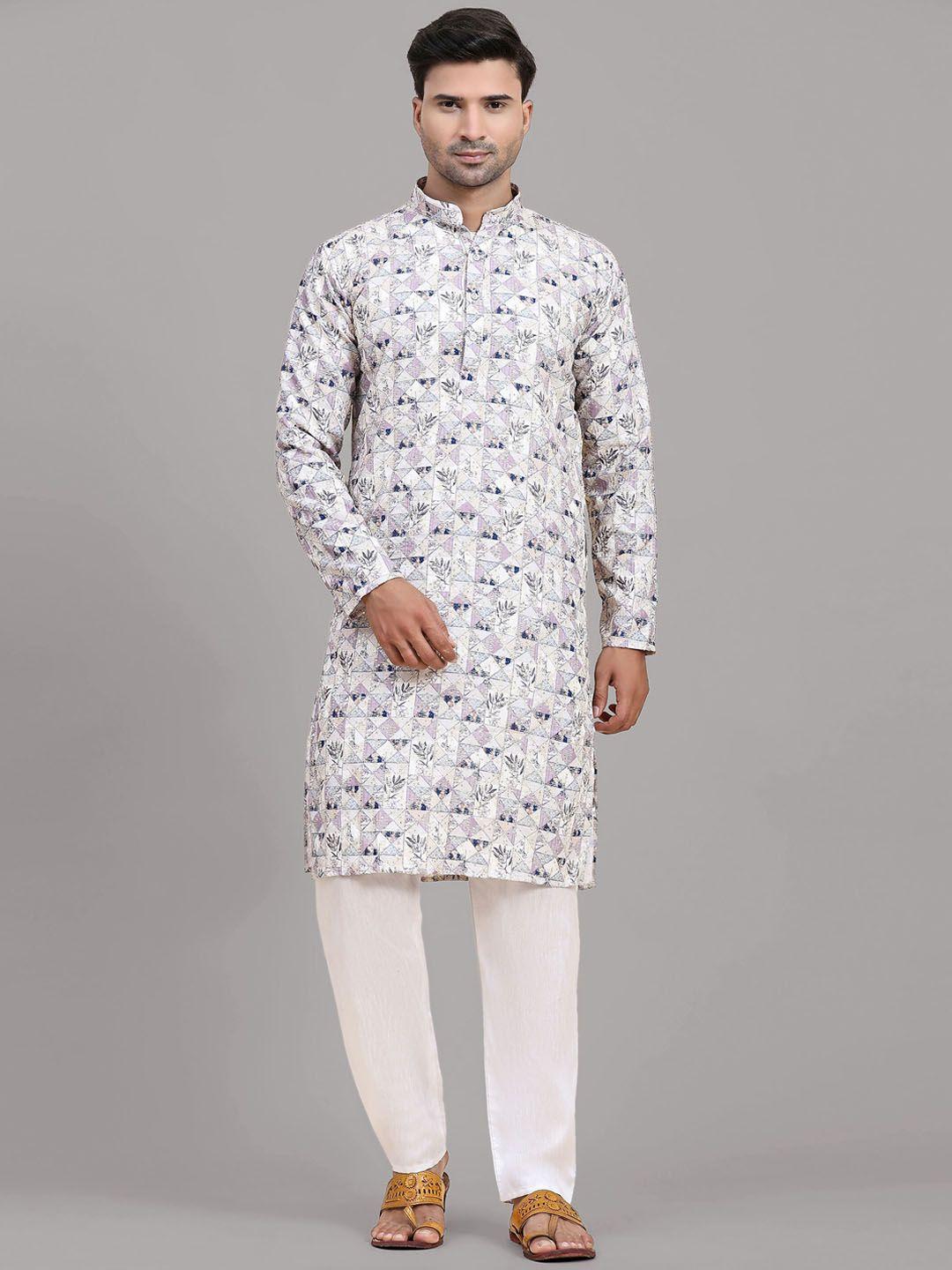 fabcartz floral printed regular thread work kurta with pyjamas