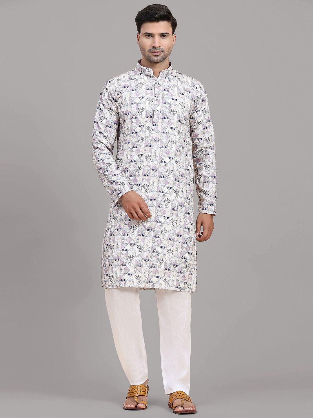 fabcartz floral printed regular thread work kurta with pyjamas