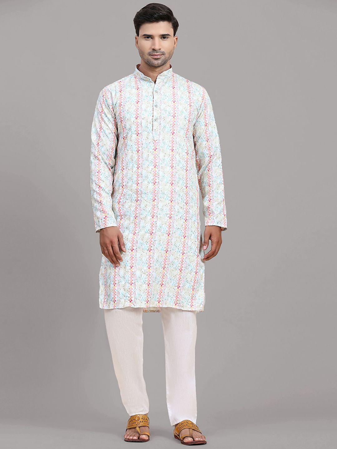 fabcartz geometric printed mandarin collar sequinned kurta with pyjamas