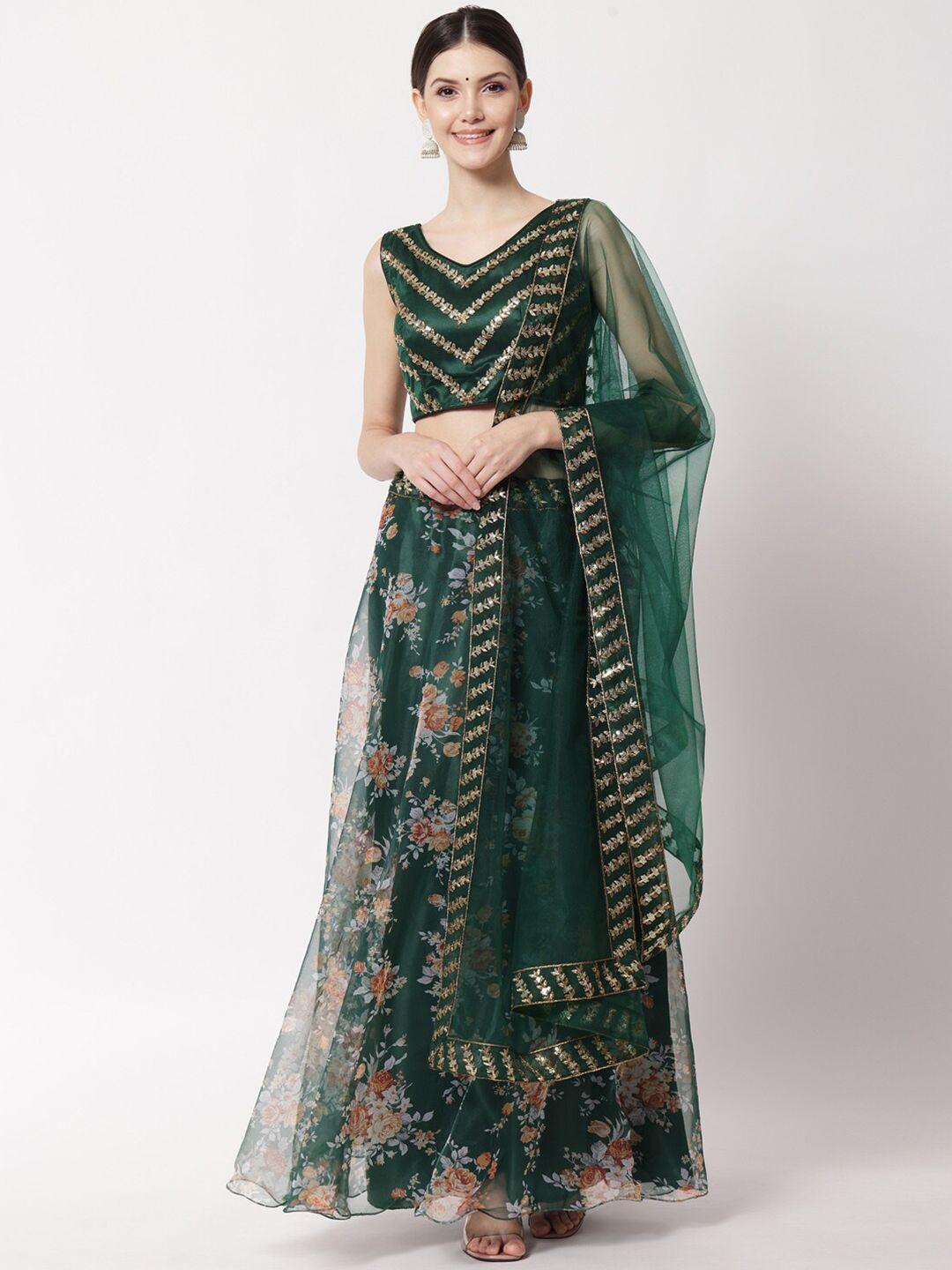 fabcartz green & orange embroidered ready to wear lehenga & unstitched blouse with dupatta