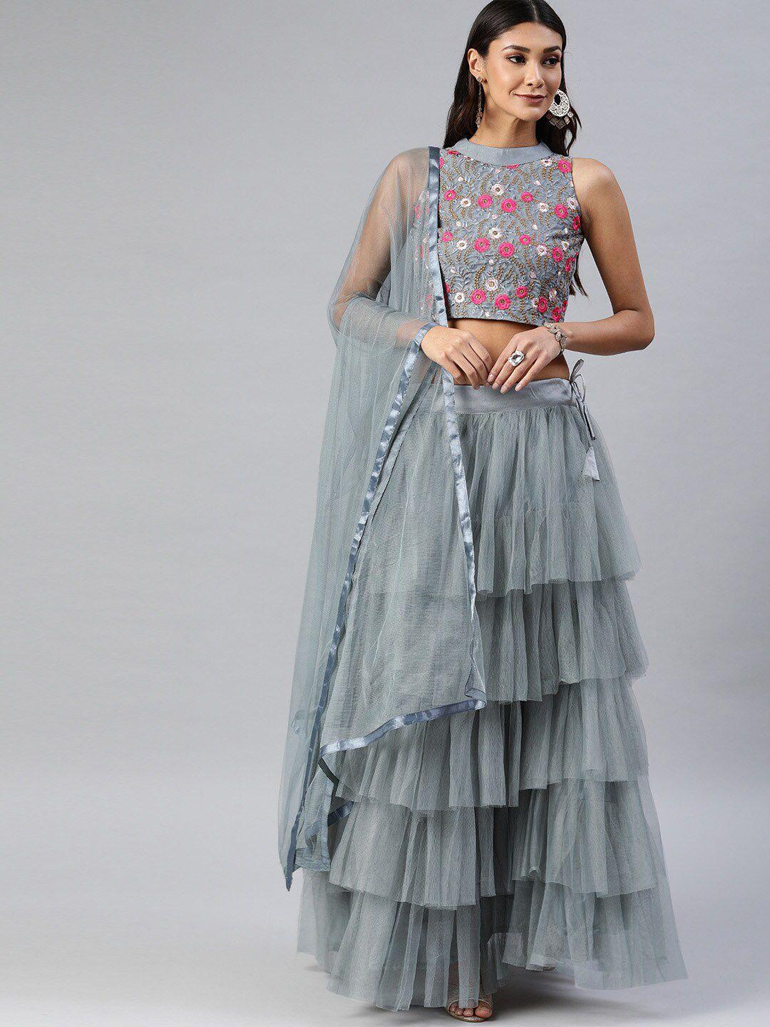 fabcartz grey & gold-toned embroidered semi-stitched lehenga & unstitched blouse with dupatta