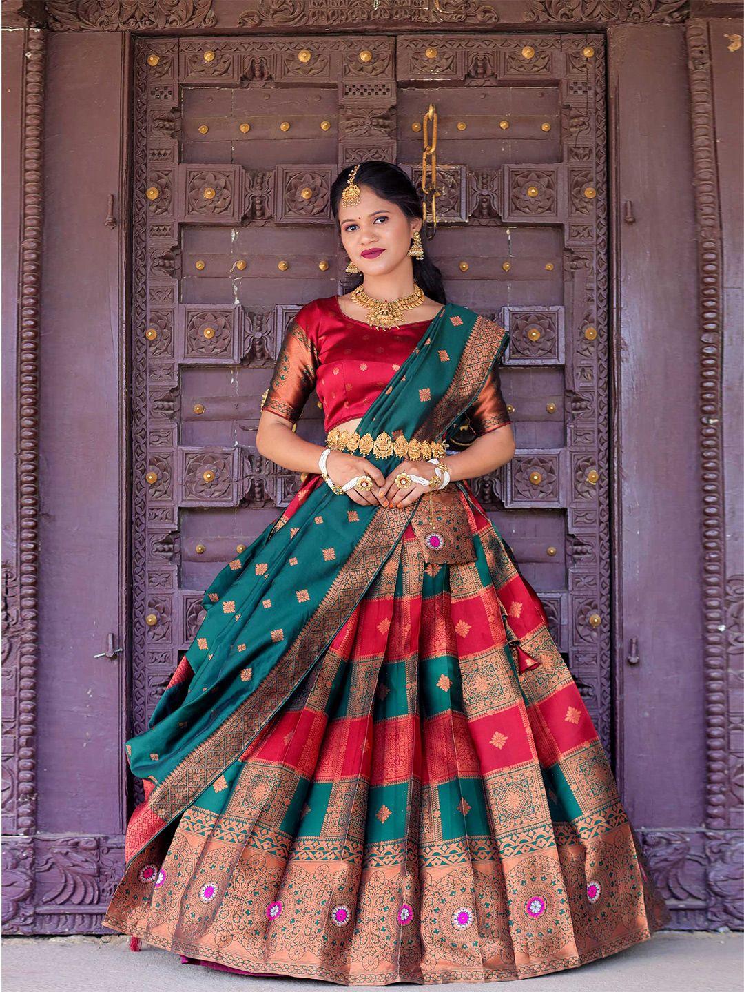 fabcartz maroon & blue semi-stitched lehenga & unstitched blouse with dupatta