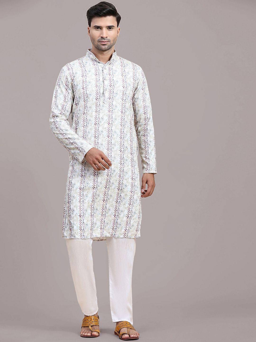 fabcartz men printed regular thread work kurta with pyjamas