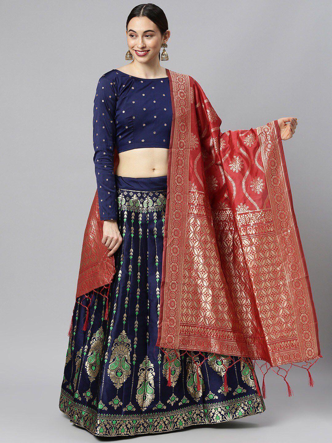 fabcartz navy blue & lime green semi-stitched lehenga & unstitched blouse with dupatta