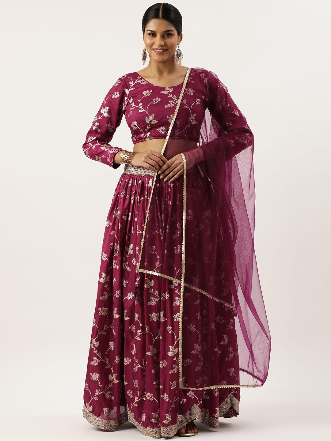 fabcartz purple & bronze-toned printed mirror work semi-stitched lehenga & unstitched blouse with dupatta