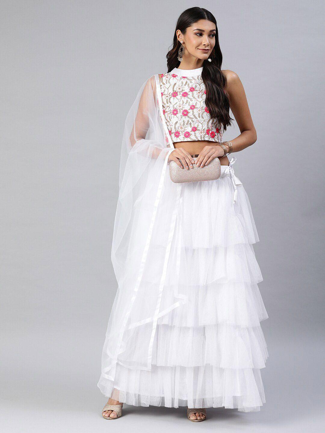 fabcartz white & pink embroidered semi-stitched lehenga & unstitched blouse with dupatta