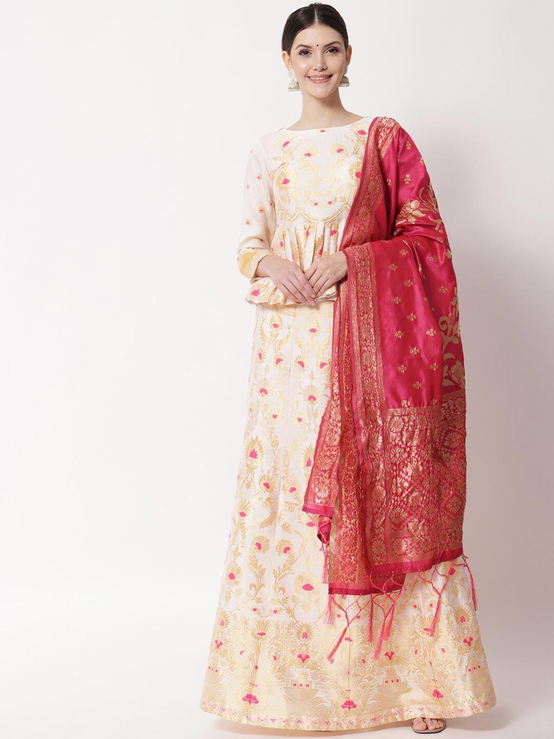 fabcartz white & red printed semi-stitched lehenga & unstitched blouse with dupatta