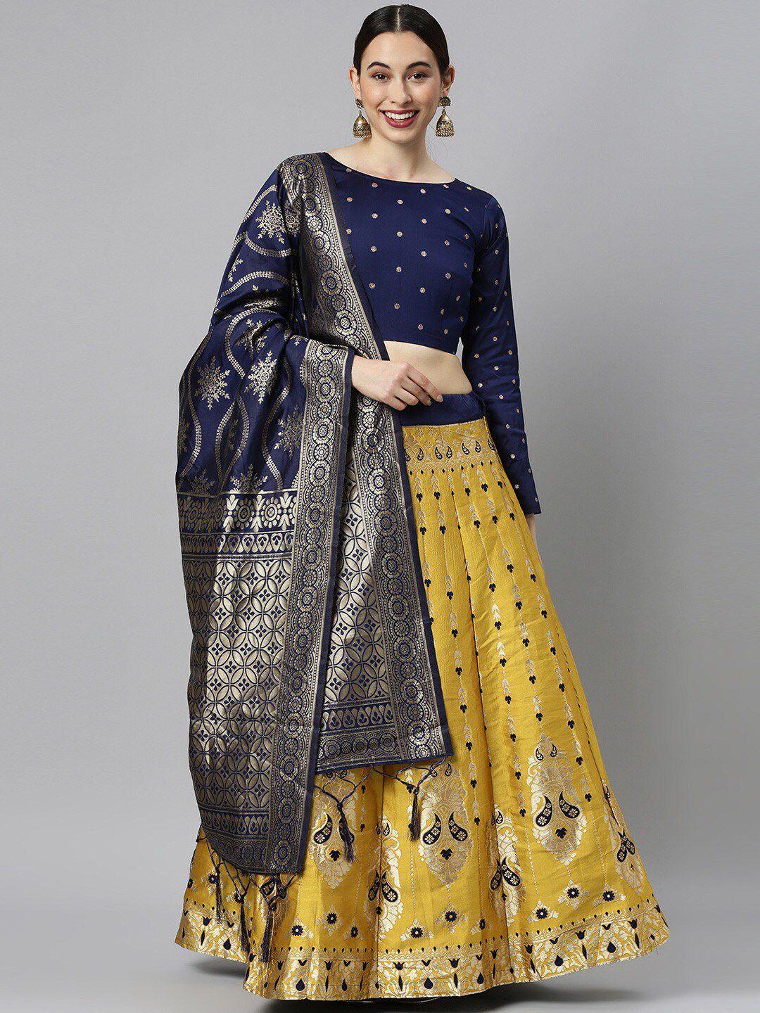 fabcartz yellow & blue semi-stitched lehenga & unstitched blouse with dupatta