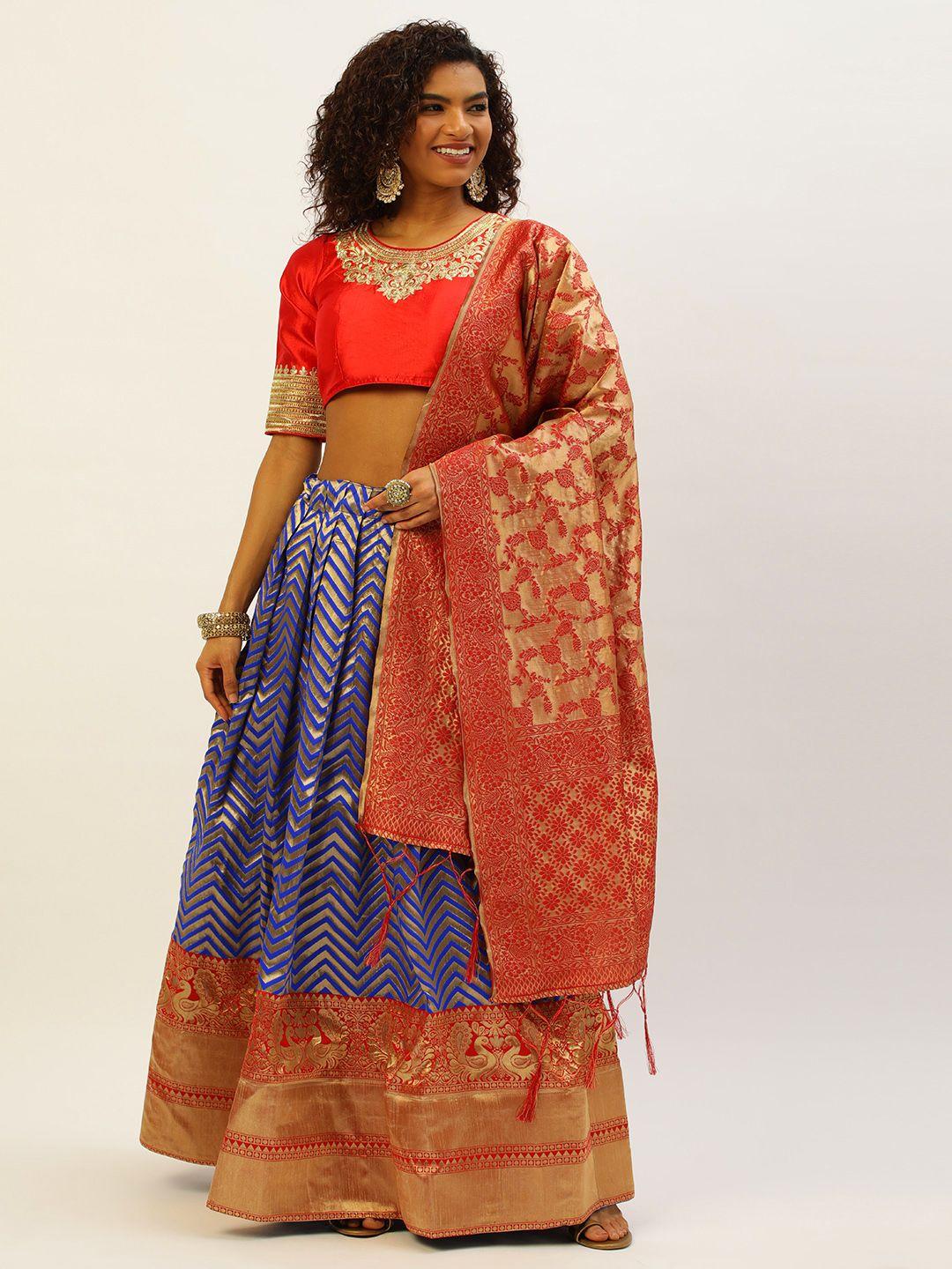 fabcartz zari embroidered semi-stitched lehenga & unstitched blouse with dupatta