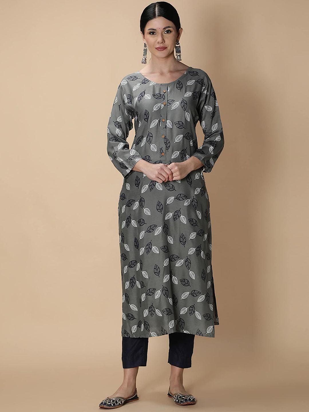 fabclub women grey & navy blue printed straight kurta with trousers
