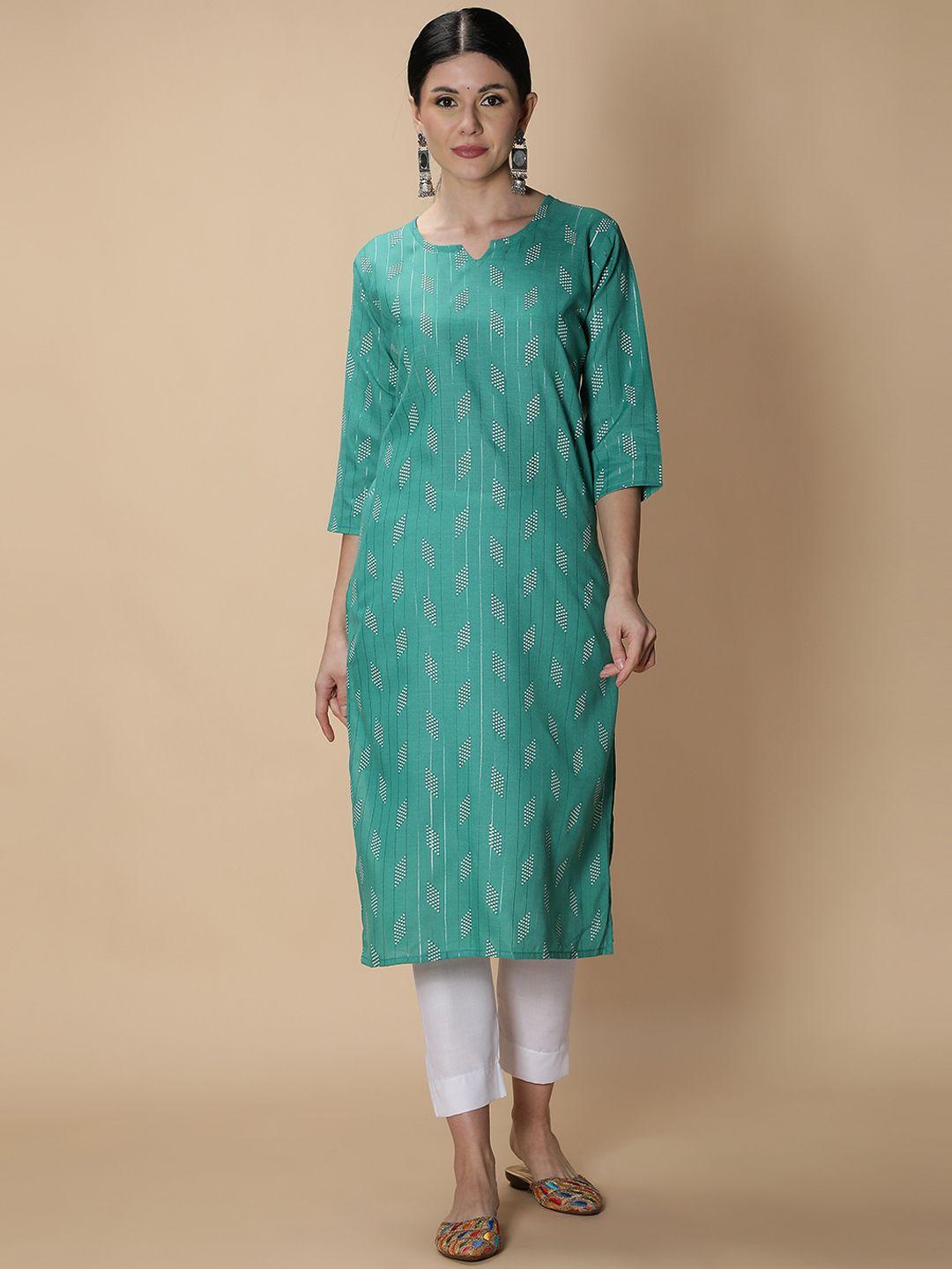 fabclub women turquoise blue & white printed straight kurta with trousers
