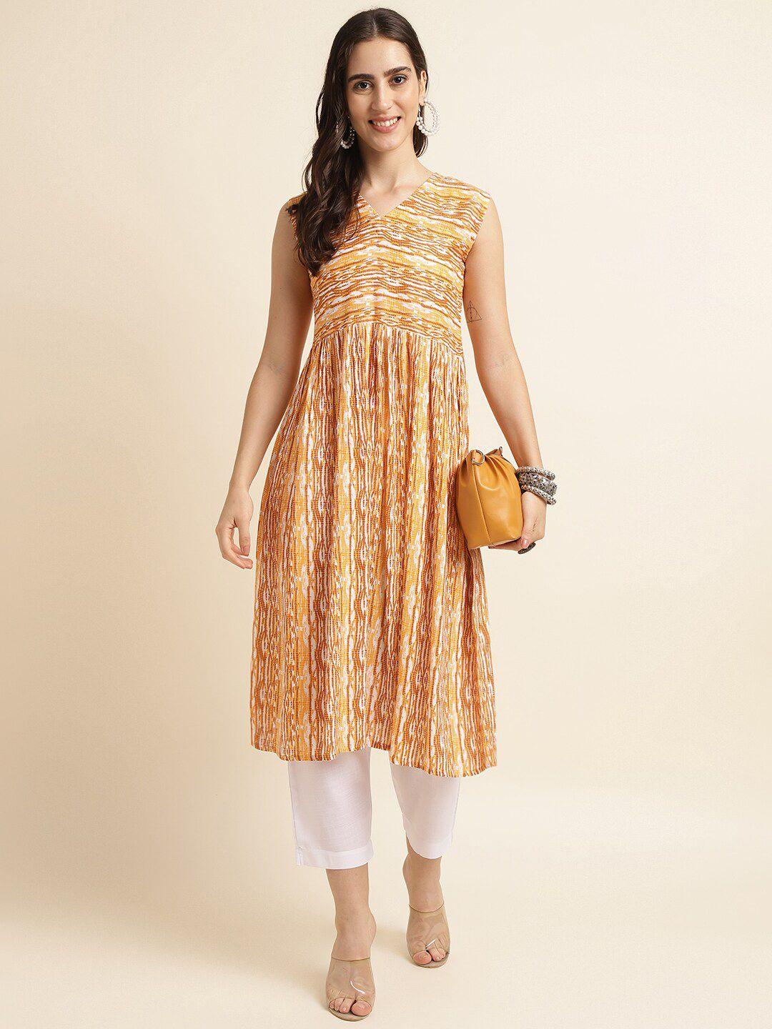 fabclub abstract printed a-line pleated kurta with trousers