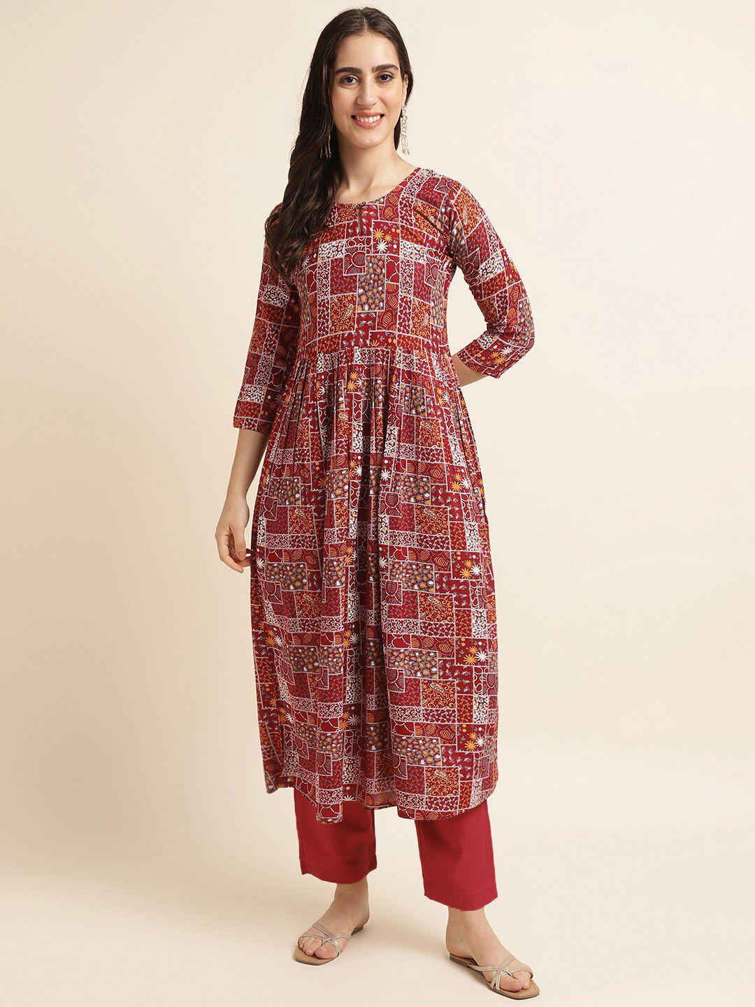 fabclub ethnic motifs printed a-line pleated kurta with trousers