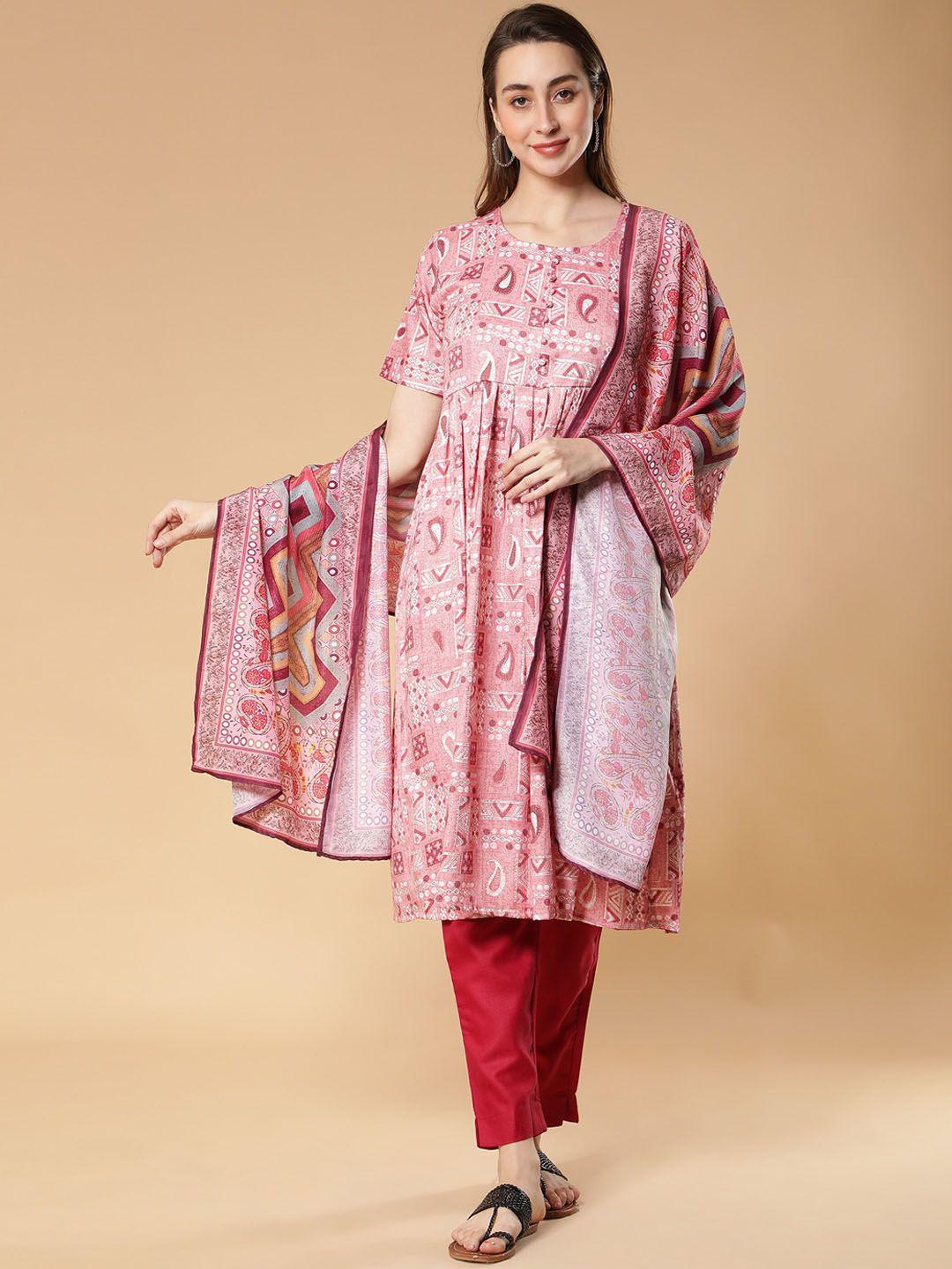 fabclub ethnic motifs printed empire kurta with trousers & dupatta