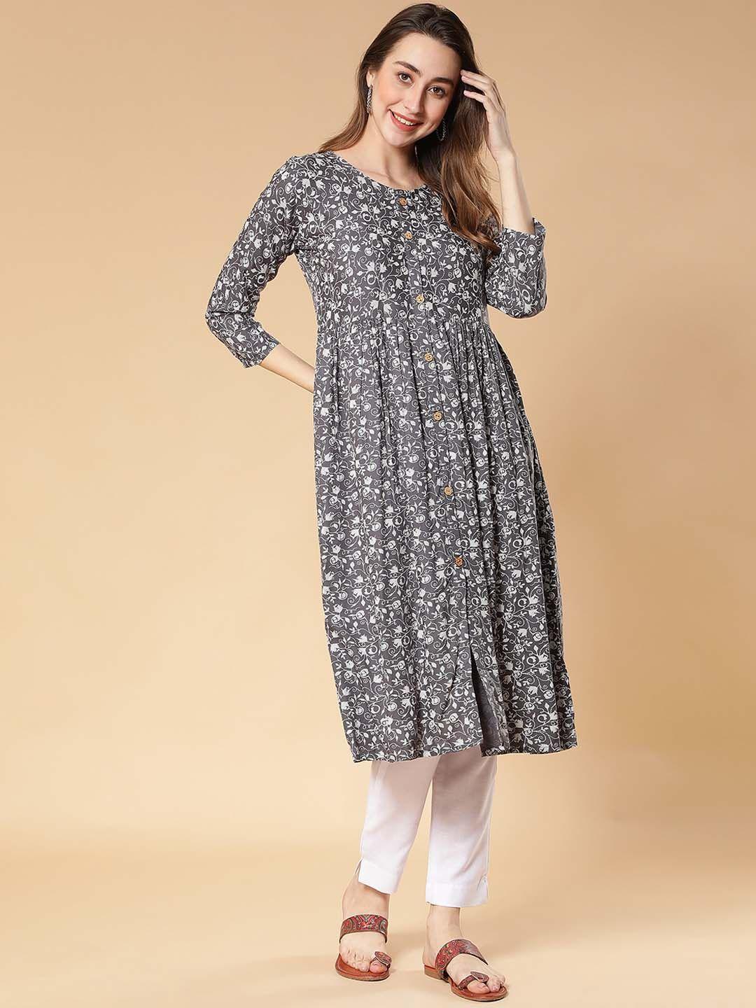 fabclub ethnic motifs printed front slit a-line kurta with trousers
