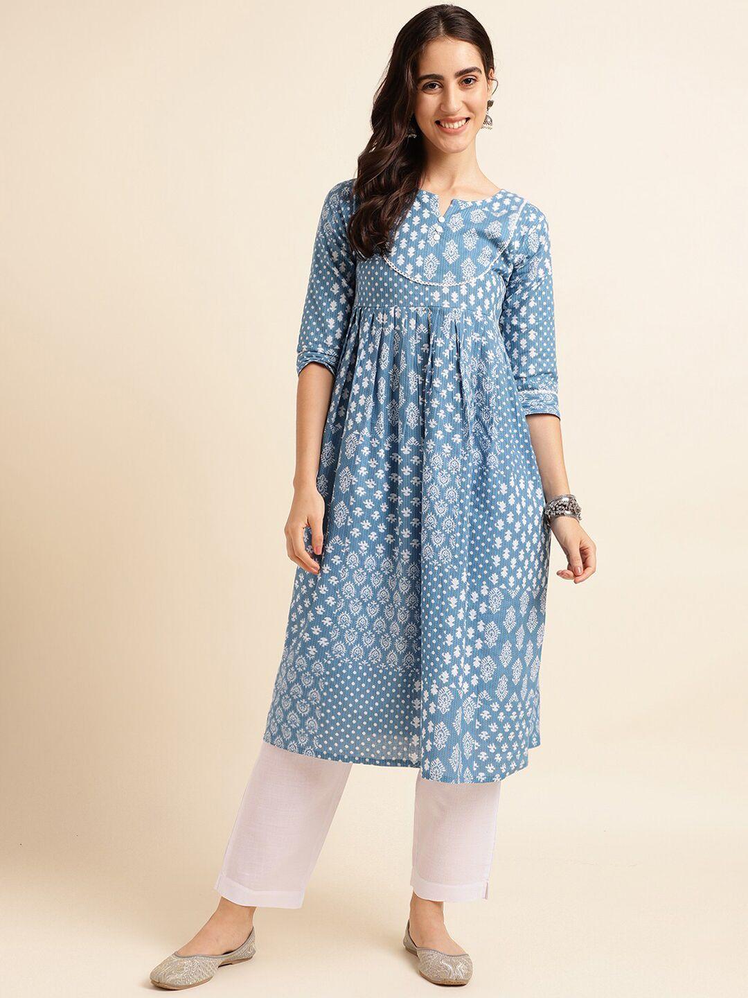 fabclub ethnic motifs printed pleated dobby cotton empire kurta