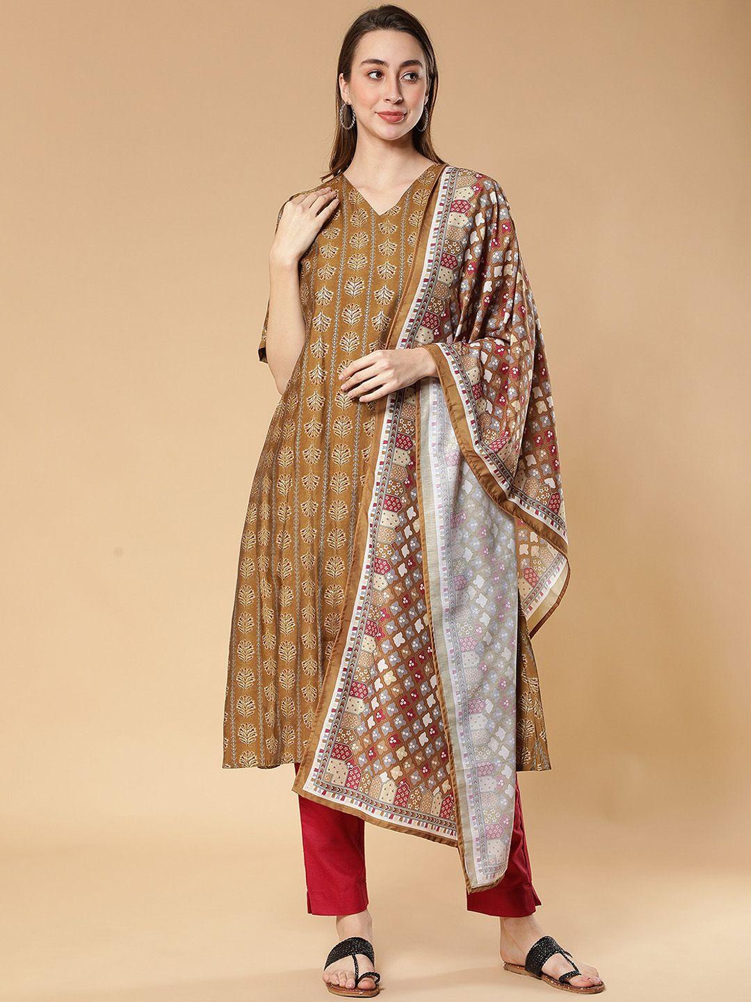 fabclub ethnic motifs printed v neck a-line kurta with trousers & dupatta