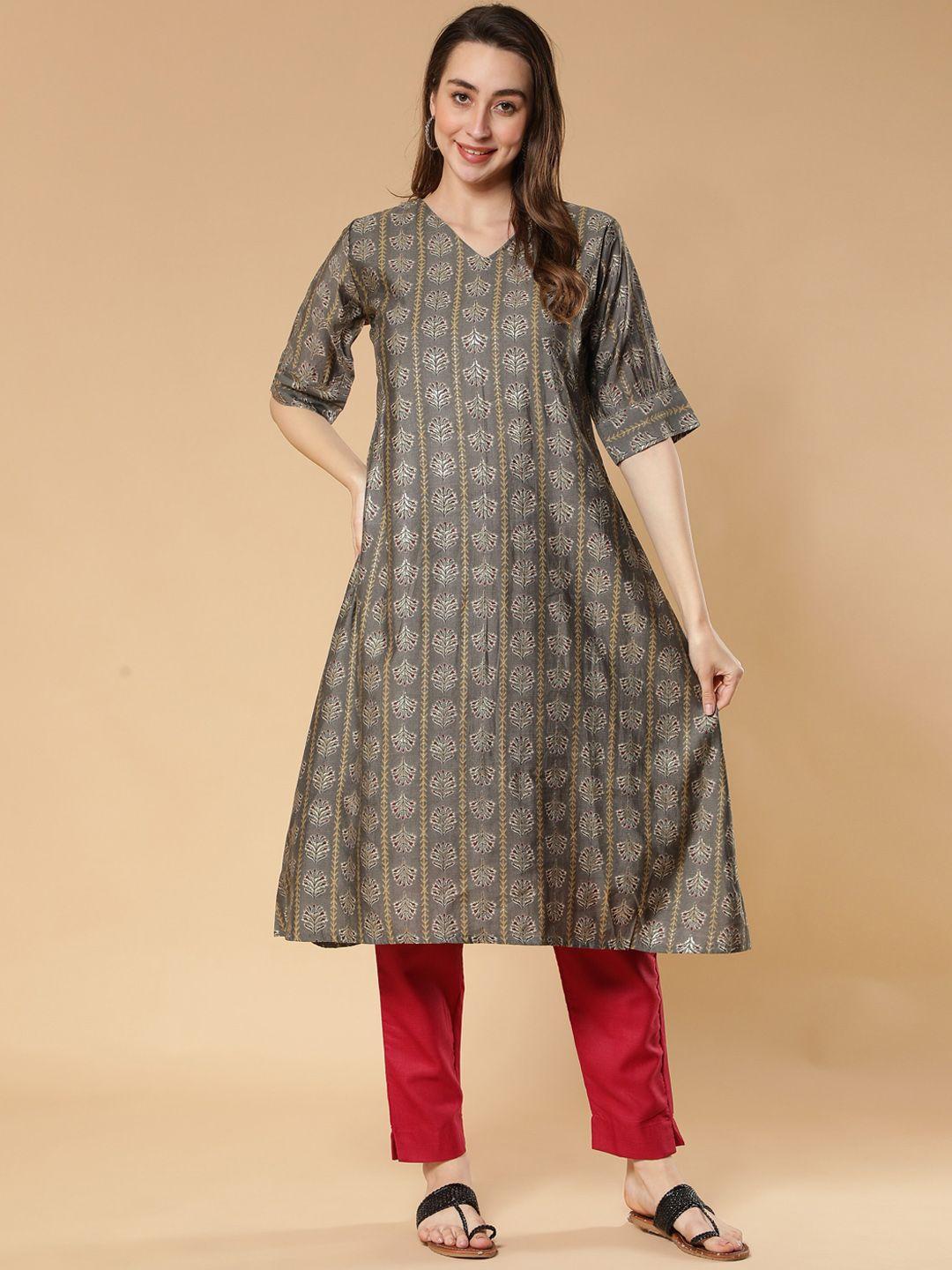 fabclub ethnic motifs printed v-neck a-line kurta with trousers