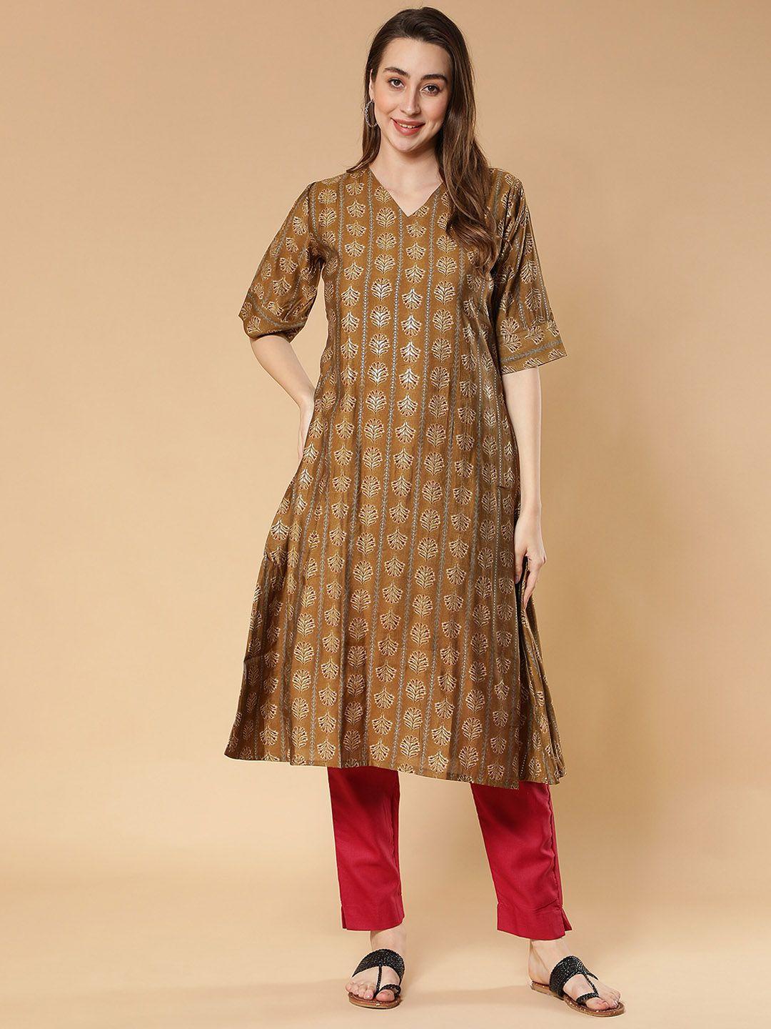 fabclub ethnic motifs printed v-neck a-line kurta with trousers