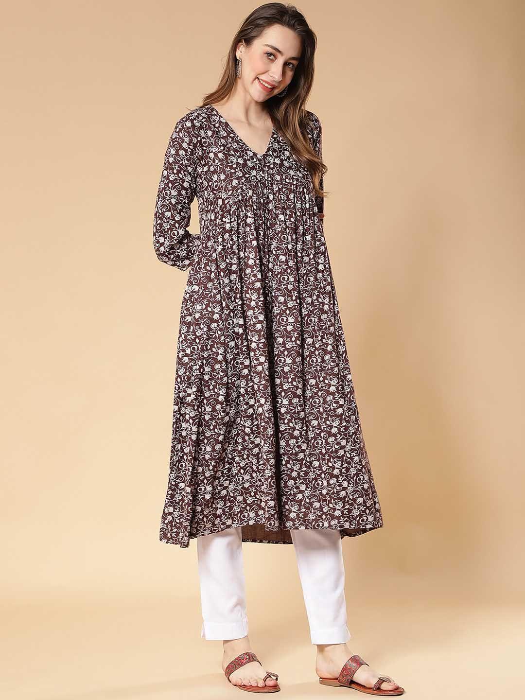 fabclub ethnic motifs printed v-neck empire a-line kurta with trousers
