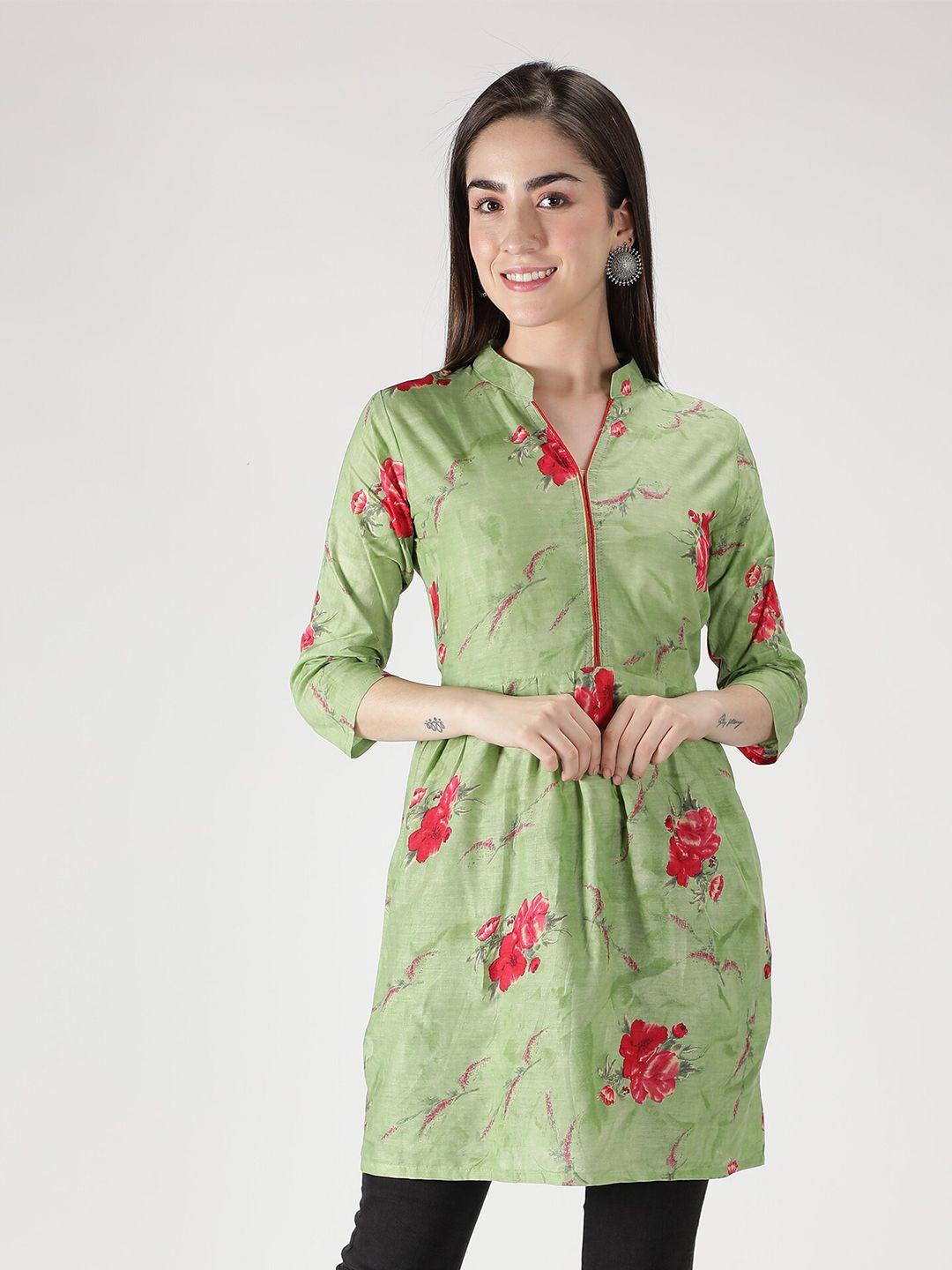fabclub green & red floral printed pure cotton pleated kurti
