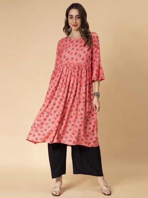 fabclub pink printed fit and flare kurta