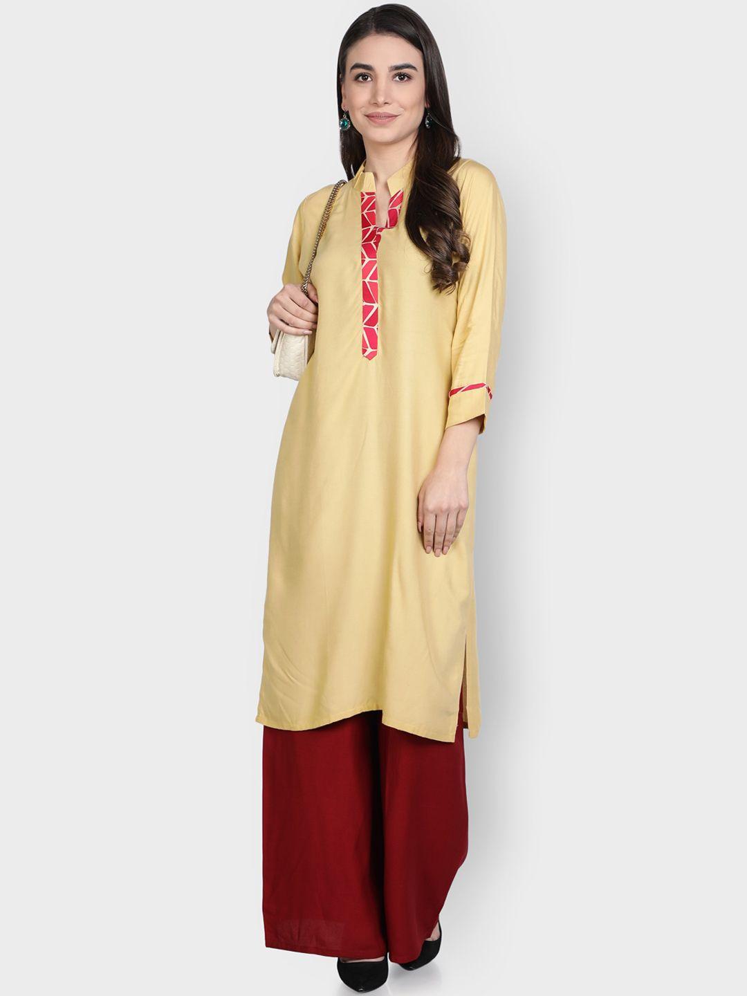 fabclub women beige & maroon kurta with palazzos