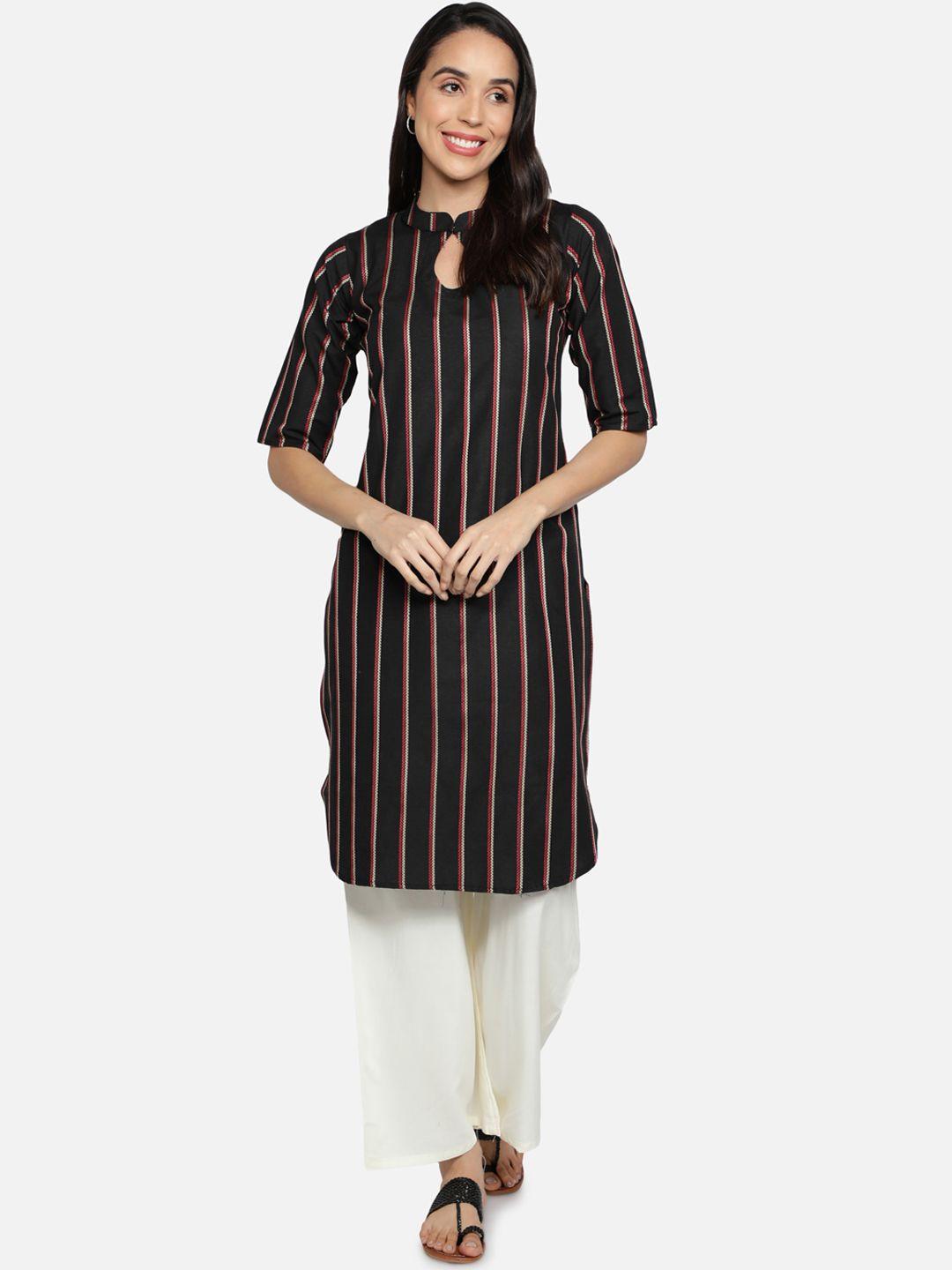 fabclub women black & red striped cotton keyhole neck kurta