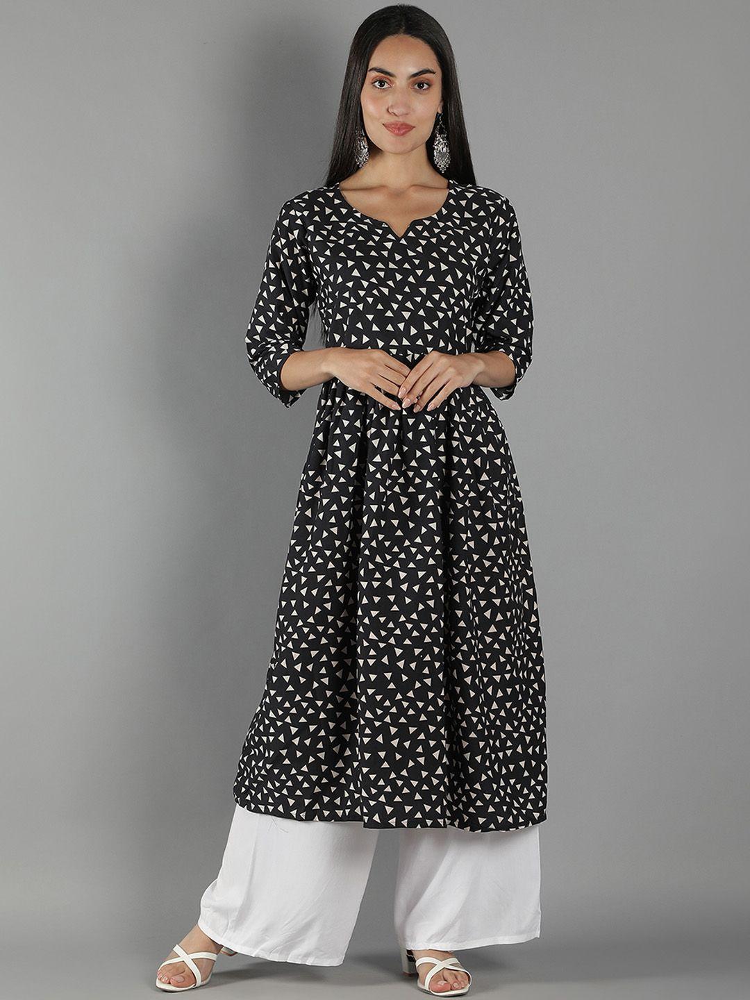 fabclub women black & white printed a-line kurta with palazzo