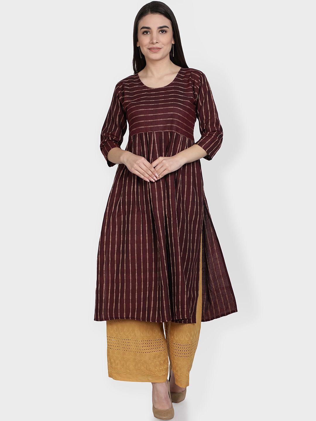 fabclub women burgundy striped empire cotton blend kurta set